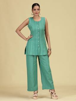 Cotton Culture - Green Pure Cotton Striped Printed Kurta and Palazzo
