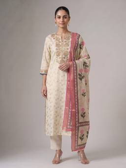 Cotton Culture - Cream Viscose Rayon Embroidered Kurta and Pant with Dupatta