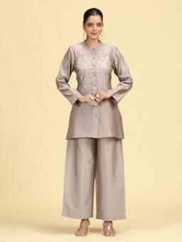 Cotton Culture - Taupe Chanderi Embroidered Kurta and Palazzo