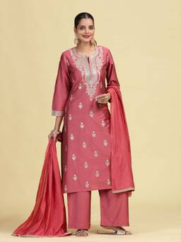 Cotton Culture - Rose Pink Polyester Embroidered Kurta and Palazzo with Dupatta