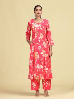 Cotton Culture - Rani Pink Viscose Rayon Floral Printed Kurta and Palazzo