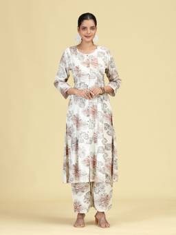Cotton Culture - Off White Viscose Rayon Floral Printed Kurta and Palazzo