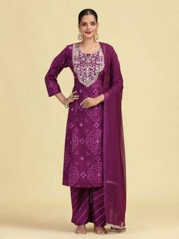 Cotton Culture - Purple Pure Cotton Embroidered Kurta and Palazzo with Dupatta