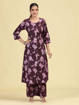 Cotton Culture - Dark Purple Pure Cotton Floral Printed Kurta and Palazzo