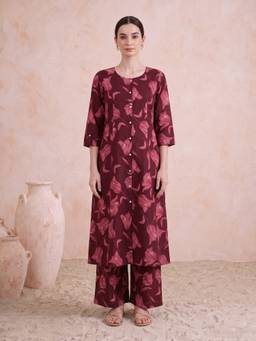 Cotton Culture - Dark Maroon Pure Cotton Floral Printed Co-Ord Set