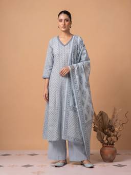 Cotton Culture - Sky Blue Pure Cotton Printed Ethnic Kurta with Pant and Dupatta