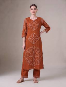 Cotton Culture - Rust Viscose Rayon Bandhani Kurta and Pant