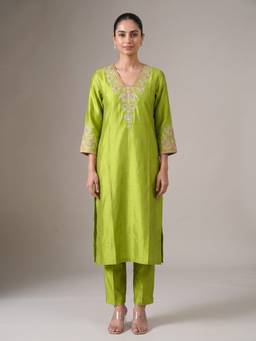 Cotton Culture - Lime Green Viscose Rayon Embroidered Kurta and Pant