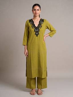 Cotton Culture - Olive Pure Cotton Embroidered Kurta and Palazzo