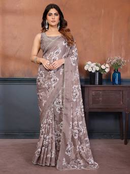 URBAN PALLU - Brown Pure Chiffon Floral Printed Designer Saree