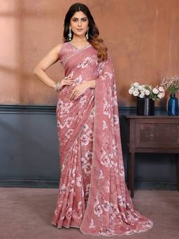 URBAN PALLU - Pink Pure Chiffon Floral Printed Designer Saree