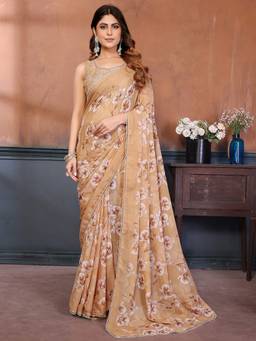 URBAN PALLU - Beige Pure Chiffon Floral Printed Designer Saree
