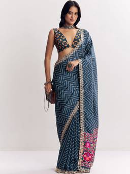 URBAN PALLU - Navy Blue Pure Chiffon Geometric Printed Designer Saree