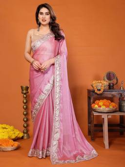 URBAN PALLU - Pink Poly Georgette Embroidered Designer Saree