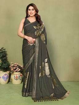 URBAN PALLU - Green Pure Georgette Floral Printed Designer Saree