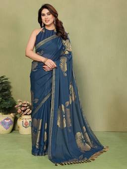 URBAN PALLU - Blue Pure Georgette Floral Printed Designer Saree