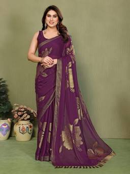URBAN PALLU - Purple Pure Georgette Floral Printed Designer Saree