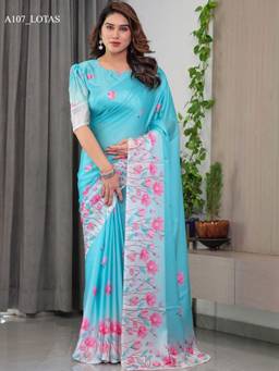 URBAN PALLU - Blue Pure Chiffon Floral Printed Designer Saree