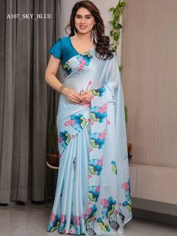 URBAN PALLU - Blue Pure Chiffon Floral Printed Designer Saree