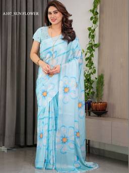 URBAN PALLU - Blue Pure Chiffon Floral Printed Designer Saree