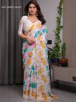 URBAN PALLU - White Pure Chiffon Floral Printed Designer Saree