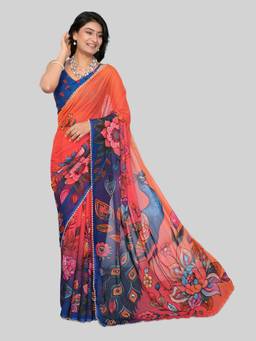URBAN PALLU - Peach Pure Chiffon Floral Printed Designer Saree