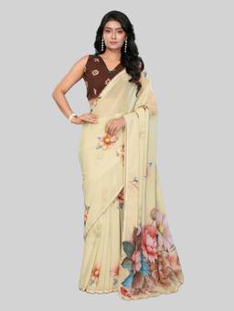 URBAN PALLU - Cream Pure Chiffon Floral Printed Designer Saree