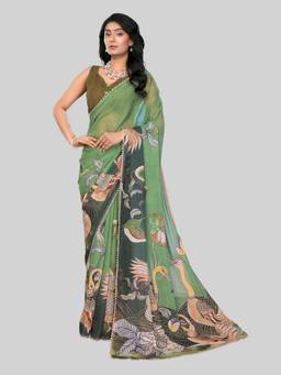 URBAN PALLU - Green Pure Chiffon Printed Designer Saree