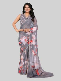 URBAN PALLU - Grey Pure Chiffon Floral Printed Designer Saree