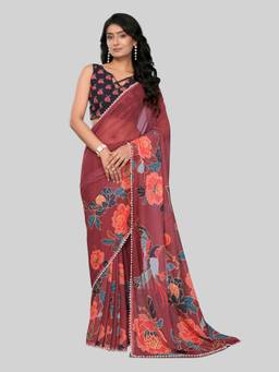 URBAN PALLU - Maroon Pure Chiffon Floral Printed Designer Saree
