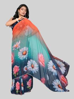 URBAN PALLU - Multi-Color Pure Chiffon Floral Printed Designer Saree
