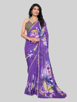 URBAN PALLU - Purple Pure Chiffon Floral Printed Designer Saree