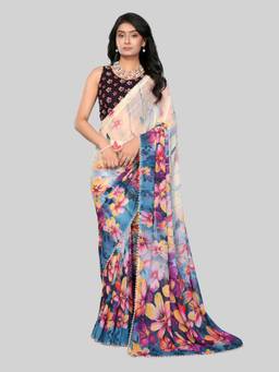 URBAN PALLU - Multi-Color Pure Chiffon Floral Printed Designer Saree
