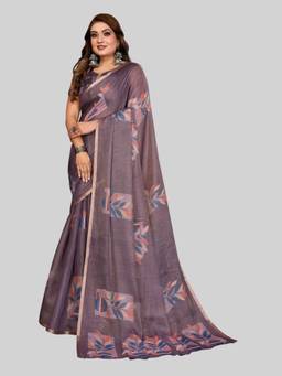 URBAN PALLU - Grey Pure Chiffon Floral Printed Designer Saree