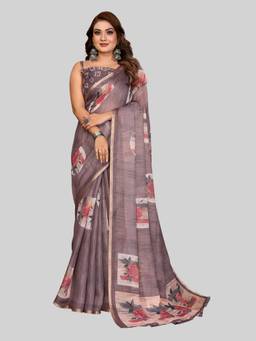 URBAN PALLU - Grey Pure Chiffon Floral Printed Designer Saree