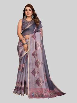 URBAN PALLU - Grey Pure Chiffon Floral Printed Designer Saree