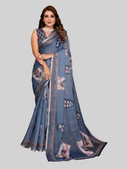 URBAN PALLU - Blue Pure Chiffon Floral Printed Designer Saree