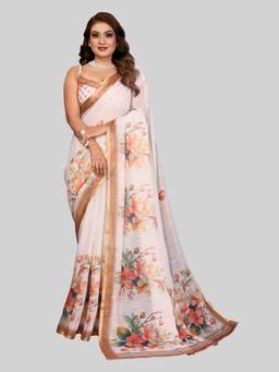 URBAN PALLU - Off White Pure Chiffon Floral Printed Designer Saree