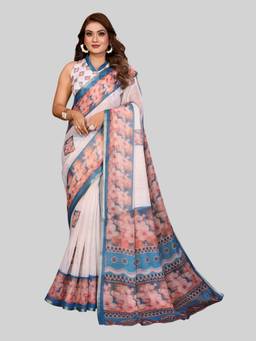 URBAN PALLU - White Pure Chiffon Floral Printed Designer Saree