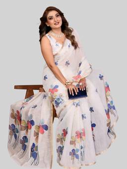 URBAN PALLU - Off White Pure Chiffon Floral Printed Designer Saree