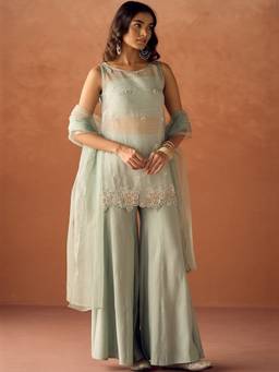 Lush Glam - Olive Raw Silk Embroidered Kurta and Palazzo with Dupatta