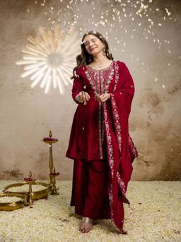 Lush Glam - Red Raw Silk Embroidered Kurta and Palazzo with Dupatta