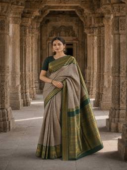 Anjaneya Sarees - Beige Woven Designer Banarasi Silk Kanjivaram Saree
