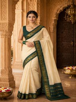 Anjaneya Sarees - Woven Cream Designer Banarasi Silk Kanjivaram Saree