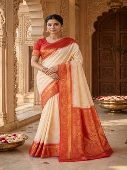 Anjaneya Sarees - Cream Woven Designer Banarasi Silk Kanjivaram Saree