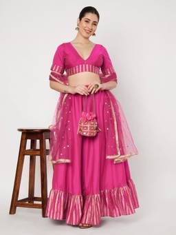 Studio Rasa - Pink Silk Blend Printed Ruffle Lehenga and Blouse with Dupatta