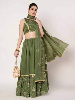 Studio Rasa - Green Georgette Embroidered Tiered Lehenga and Blouse with Dupatta