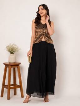 Studio Rasa - Black Silk Brocade Draped Top and Skirt