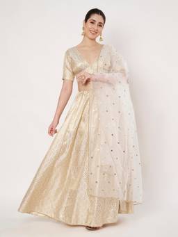 Studio Rasa - Whitye Silk Brocade Kalidaar Lehenga and Blouse with Dupatta