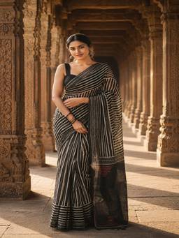 AMRUTKALA SAREES - Black Designer Linen Printed Saree